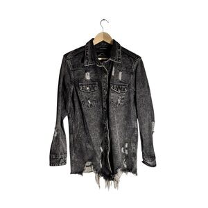 American Bazi Distressed Denim Jacket Oversized Black Jean Button Size Medium